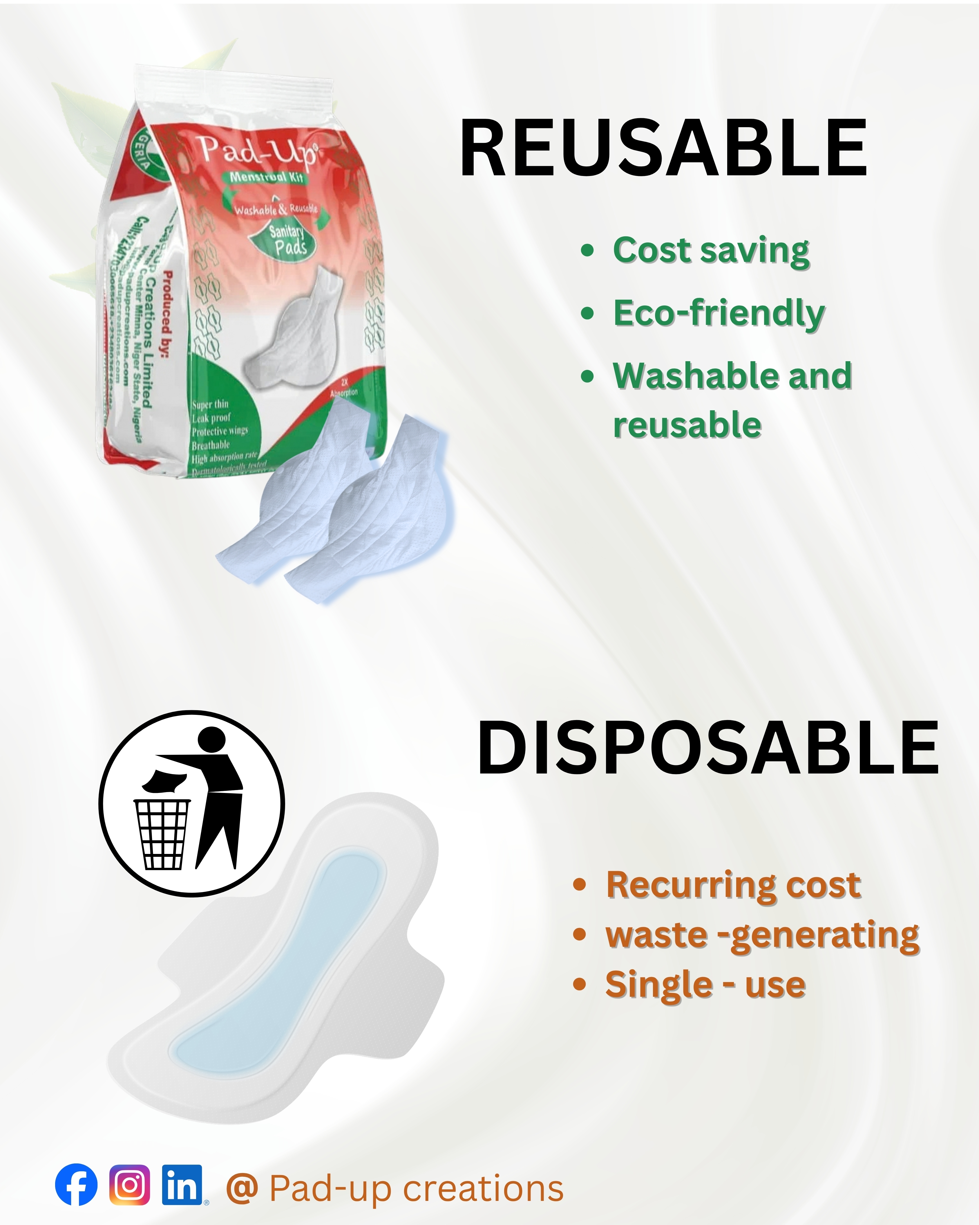 A selection of clean reusable and disposable sanitary pads displayed side by side for comparison